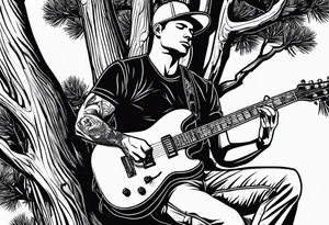 man playing electric guitar while sitting in a pine tree. simple tattoo idea