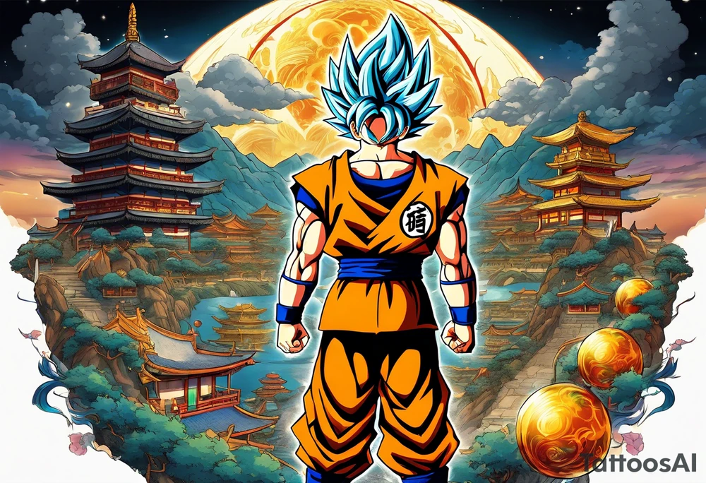 Son-Goku as a child in the foreground and an older version of him as a super saiyajin behind him. A huge dragonball surrounds the whole scenery. Fokus friends are surrounding him as shadows tattoo idea