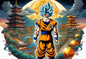 Son-Goku as a child in the foreground and an older version of him as a super saiyajin behind him. A huge dragonball surrounds the whole scenery. Fokus friends are surrounding him as shadows tattoo idea