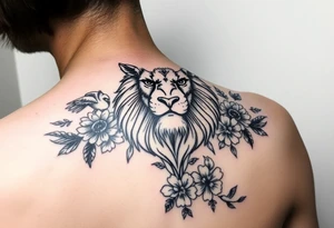 powerful majestic lion with a crown, surrounded by floral ornaments and birds tattoo idea