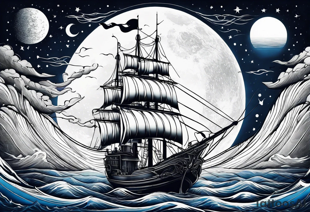 bateau, phare maritime et lune bleu tattoo idea