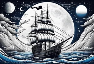 bateau, phare maritime et lune bleu tattoo idea