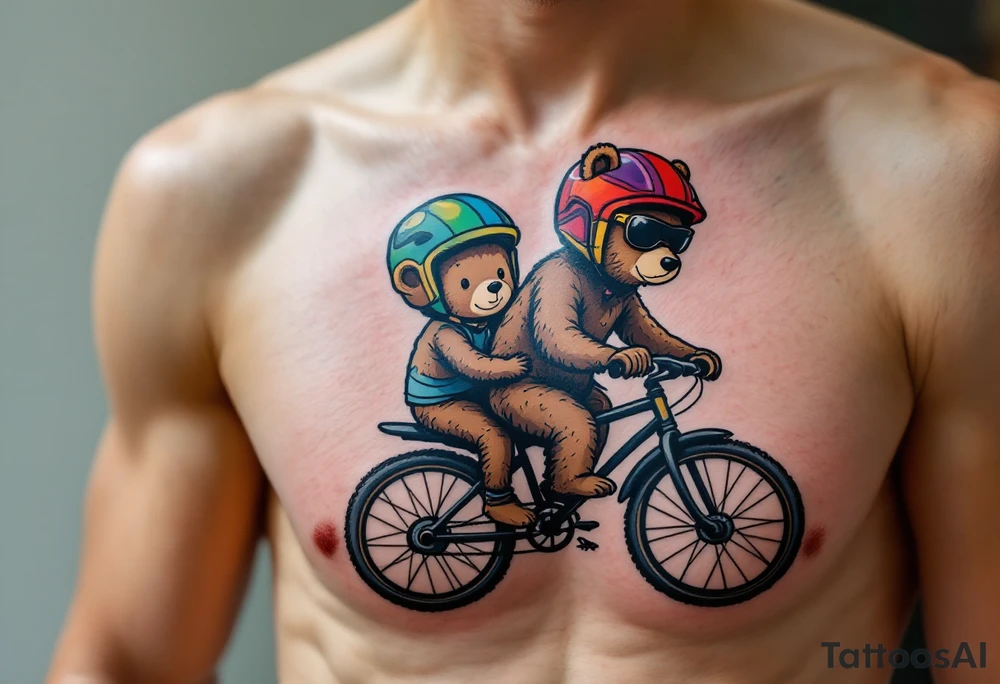 A bear and cub riding a bike together, drawn in simple round shapes with brown fur and colorful helmets. tattoo idea