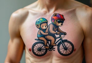 A bear and cub riding a bike together, drawn in simple round shapes with brown fur and colorful helmets. tattoo idea