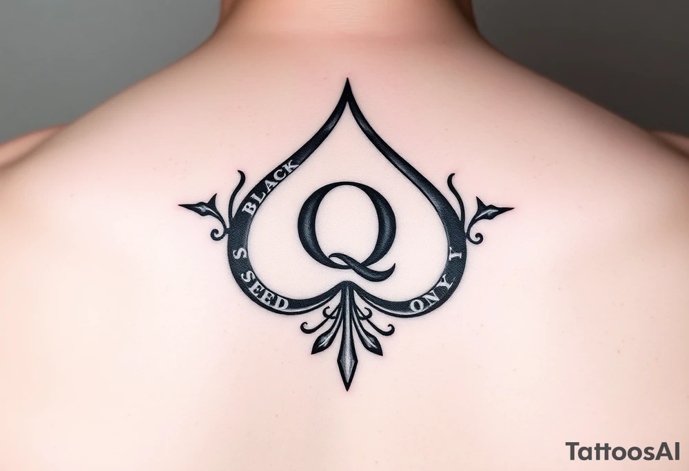 A spade womb tattoo with a Q in the center, with three points around the outside. The first reading, "BLACK". The second reading, "SEED". The third reading, "ONLY". tattoo idea