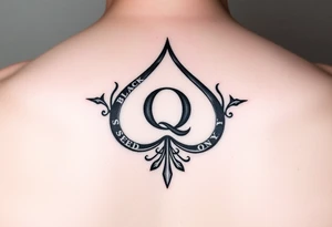 A spade womb tattoo with a Q in the center, with three points around the outside. The first reading, "BLACK". The second reading, "SEED". The third reading, "ONLY". tattoo idea