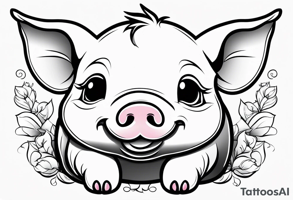 very cute chubby happy piglet.
outline only.
black and white only.
only show the piglet. no extra lines or decoration.
no black shading.
dont make the ears too big.
draw very thin lines tattoo idea