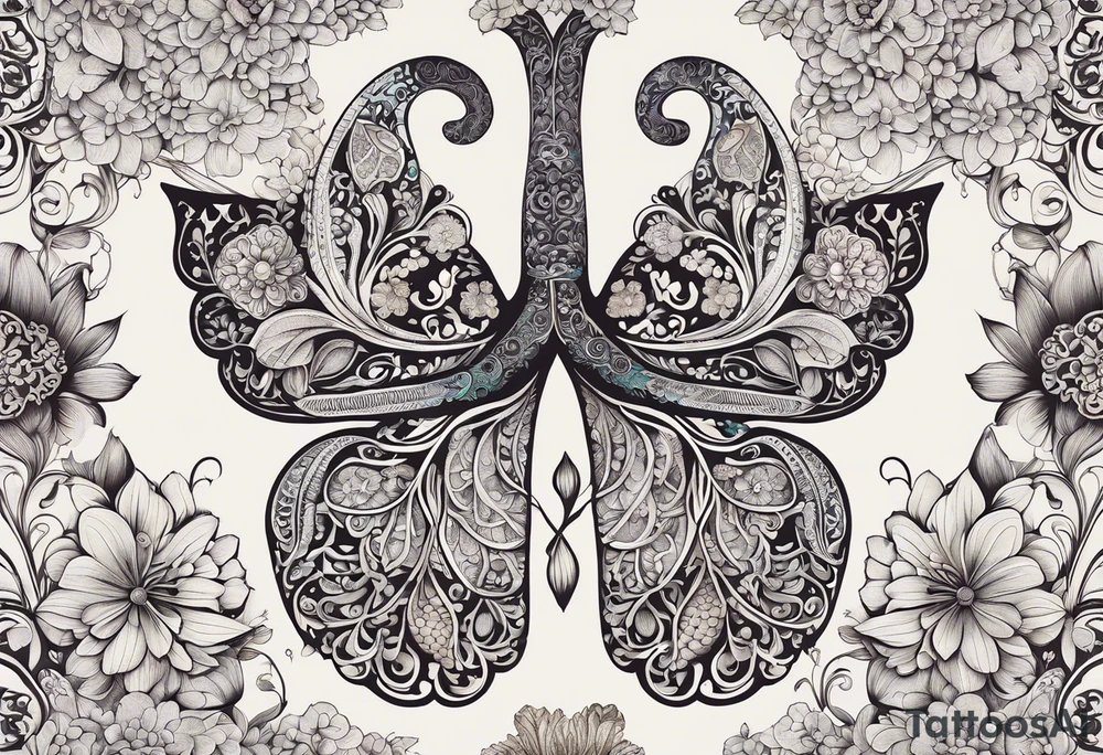 intricate and artistic arrangement of flowers and ornamental patterns that come together to form the shape of human lungs. The design should have a balance of delicacy and detail, with vibrant floral elements seamlessly intertwining to mimic the structure of the lungs, including the bronchi branching into floral motifs. Incorporate subtle shading and depth to give the tattoo a dynamic and organic feel, while maintaining elegance and symmetry tattoo idea