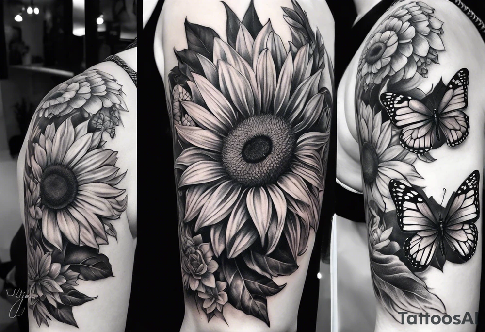 Sleeve with angel wings, sunflower and butterfly tattoo idea