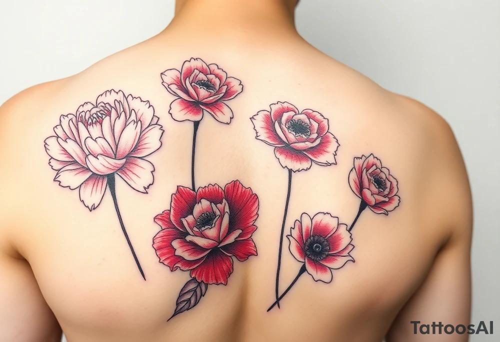 Pink peonie outline deep red rose outline red poppy outline and pink carnation outline for arm tattoo idea