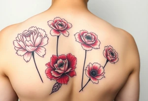 Pink peonie outline deep red rose outline red poppy outline and pink carnation outline for arm tattoo idea