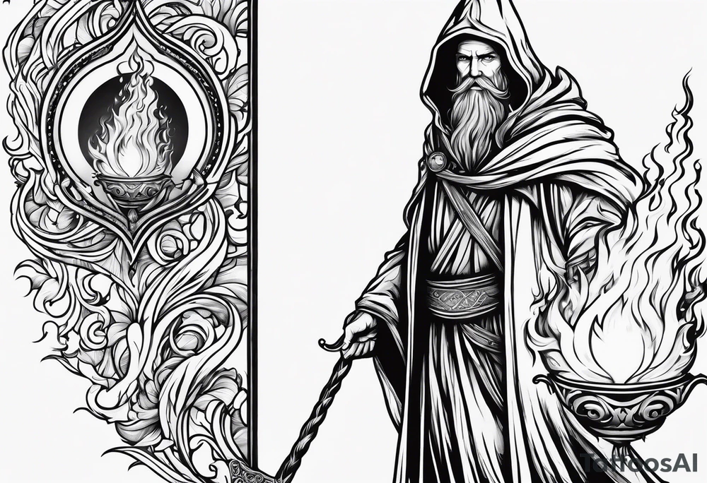 Wizard wrapped in flames and carrying a staff with a shining gem tattoo idea