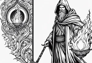 Wizard wrapped in flames and carrying a staff with a shining gem tattoo idea