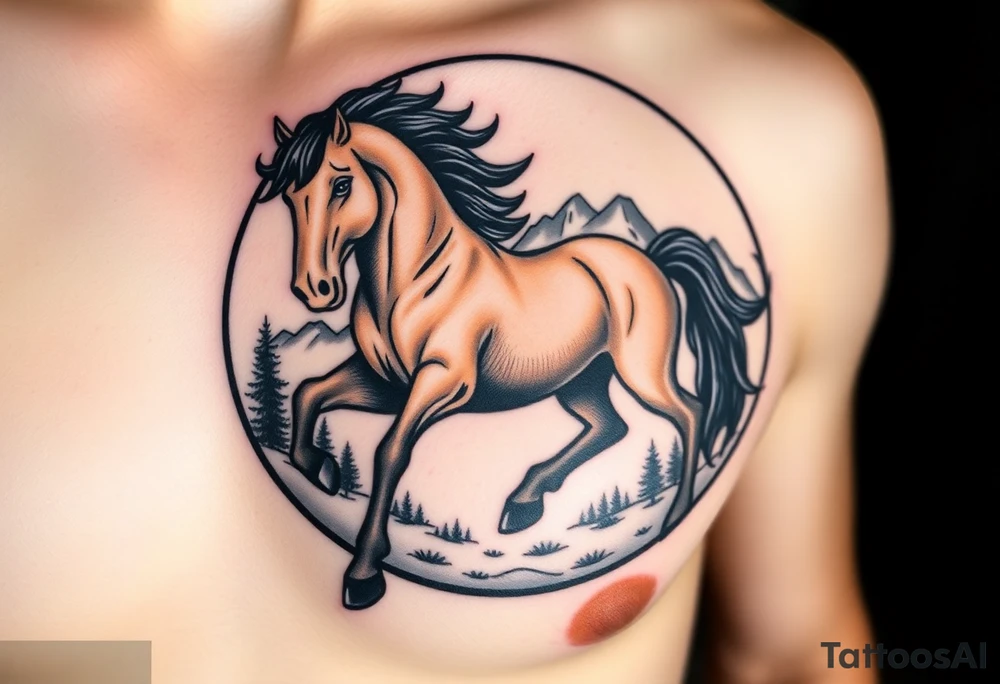 A golden mustang horse with black mane and legs, captured in motion inside a circle. The mountains and nature should frame the design, blending with the horse's black fur as a base to represent the landscape. Experiment with using the black fur to shape the mountains, playing with edges or interior details. tattoo idea