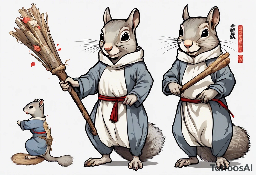 a grey squirrel with one torn ear dressed in a medieval tunic holding a large white stick tattoo idea