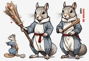 a grey squirrel with one torn ear dressed in a medieval tunic holding a large white stick tattoo idea
