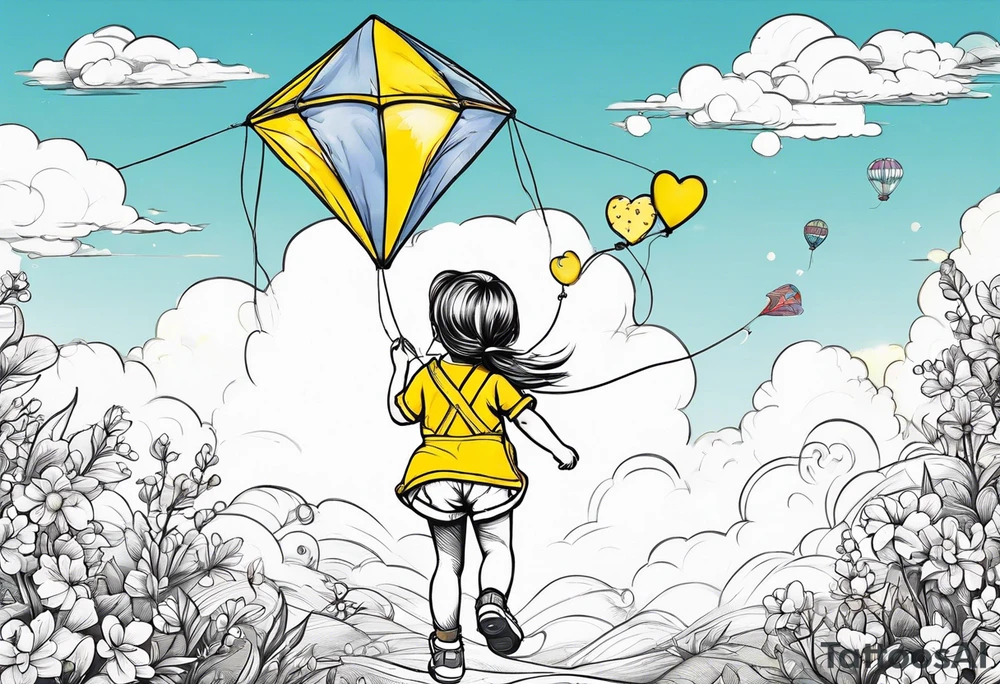back image of a little girl flying a kite with a teddy bear in yellow overalls beside her tattoo idea