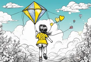 back image of a little girl flying a kite with a teddy bear in yellow overalls beside her tattoo idea