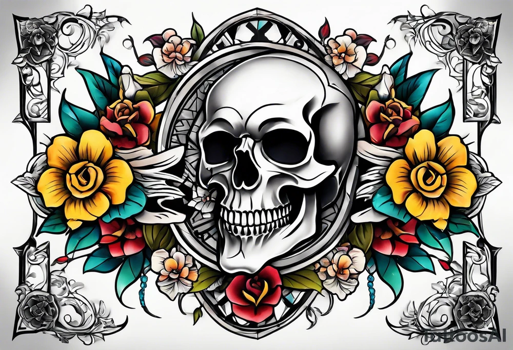 Old school center Knee tattoo with skulls, various flowers, water and fall colors tattoo idea