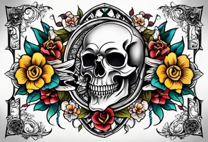 Old school center Knee tattoo with skulls, various flowers, water and fall colors tattoo idea