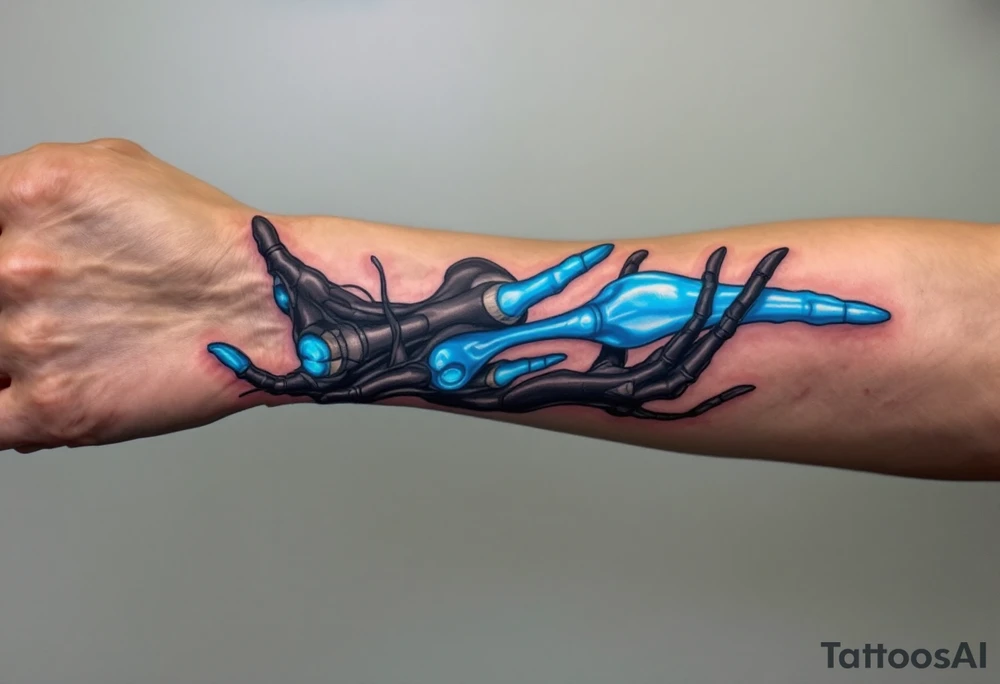 A hybrid forearm revealing graphite-colored artificial tendons under realistic shaded skin, accented with electric-blue joints. tattoo idea
