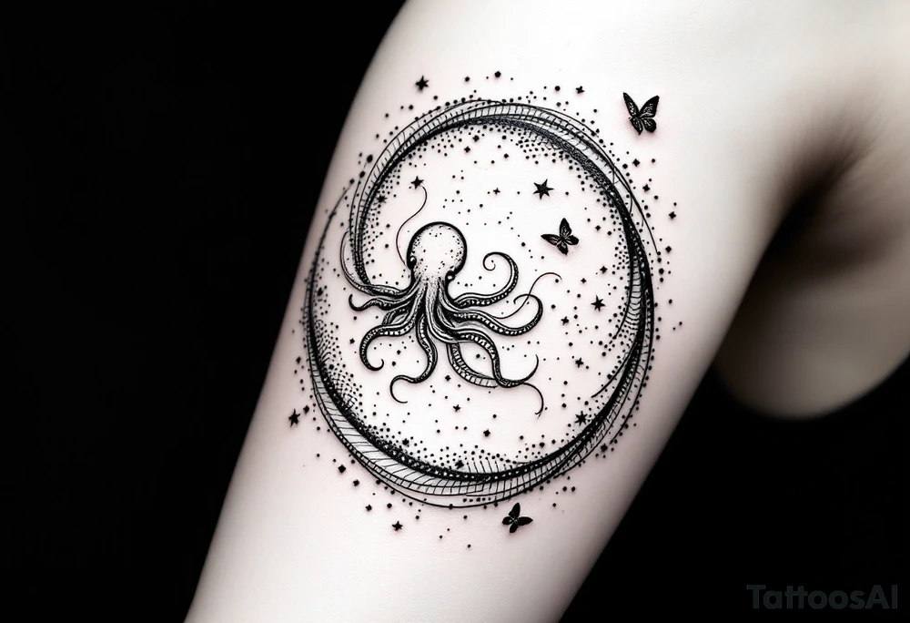 A minimalist dotwork tattoo design in the shape of a spiral galaxy. In the center, a small octopus is subtly integrated into the swirl, with flowing tentacles that extend along the spiral arms. The tentacles transform into elegant, curving lines resembling the flowing tails of koi or betta fish, partially in black ink and partially in fine red lines. Small stars are scattered throughout the galaxy shape, and two delicate butterflies hover near the edges. cosmic abstraction style, dotwork, fine line, with elements of Japanese graphic tattoo flow, minimalist octopus tattoo idea