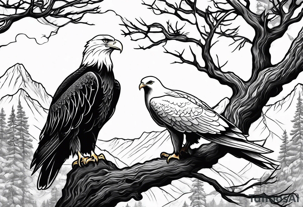 Eagle and a White Dove on a tree limb in the mountains reunite tattoo idea