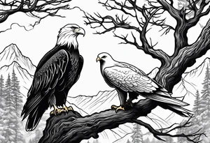 Eagle and a White Dove on a tree limb in the mountains reunite tattoo idea