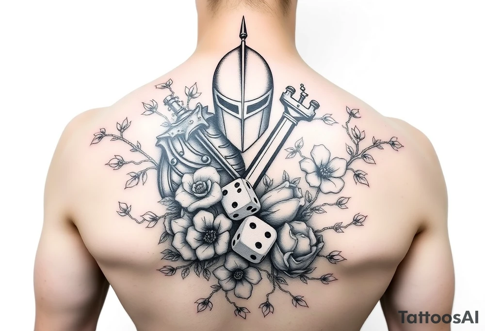 gothic knight intertwined with climbing roses and thorny vines with cherry blossoms rolling dice tattoo idea