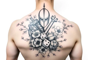 gothic knight intertwined with climbing roses and thorny vines with cherry blossoms rolling dice tattoo idea