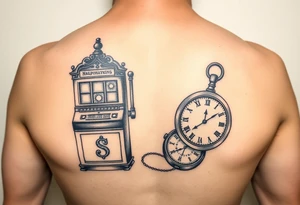 Slot machine next to pocket watch and compass tattoo idea