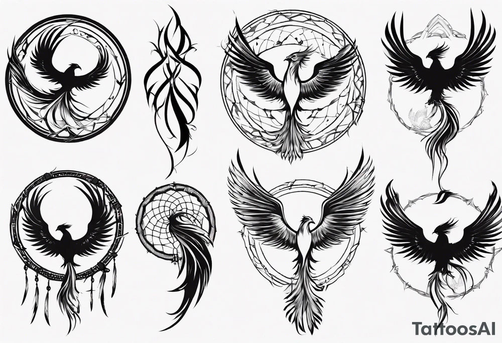 Vertical open mouthed flying Phoenix in circle with long abstract dream catcher feather tail tattoo idea Vertical open mouthed flying Phoenix in circle with long abstract dream catcher feather tail tattoo idea