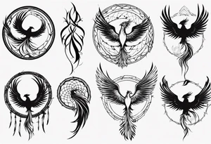 Vertical open mouthed flying Phoenix in circle with long abstract dream catcher feather tail tattoo idea