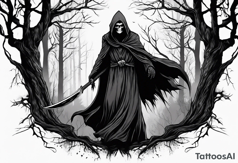 grim reaper forest tattoo idea