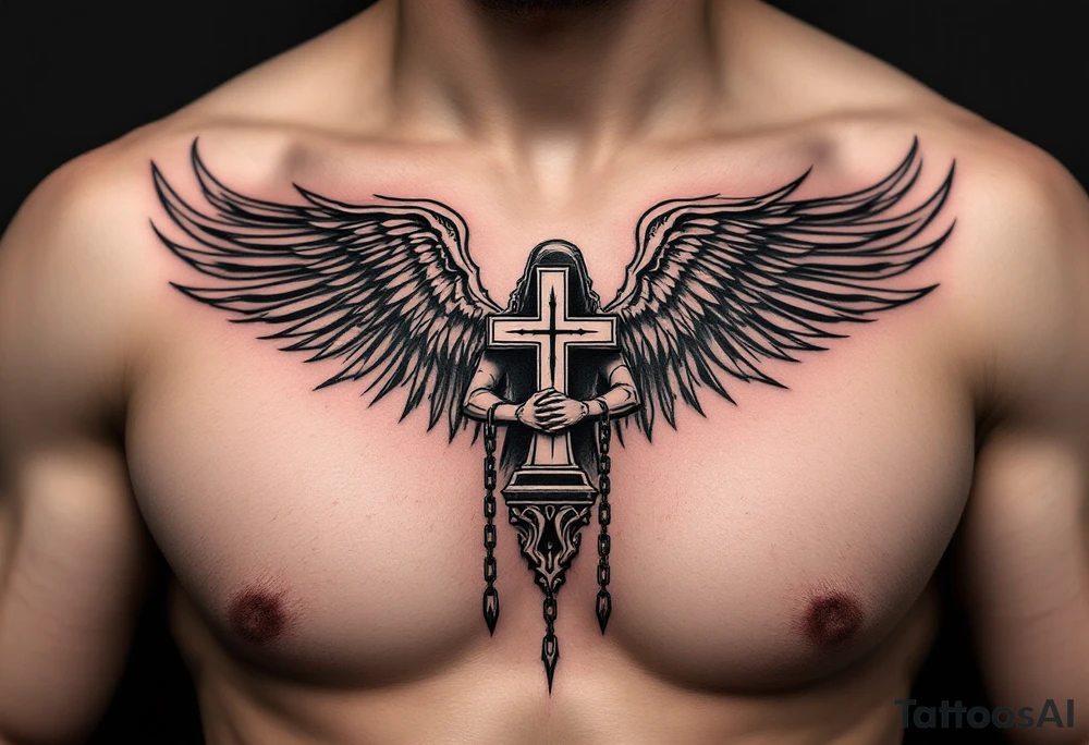 Angel hold headstone in hands with a cross chain hanging down with large wings tattoo idea