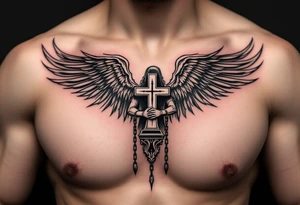 Angel hold headstone in hands with a cross chain hanging down with large wings tattoo idea