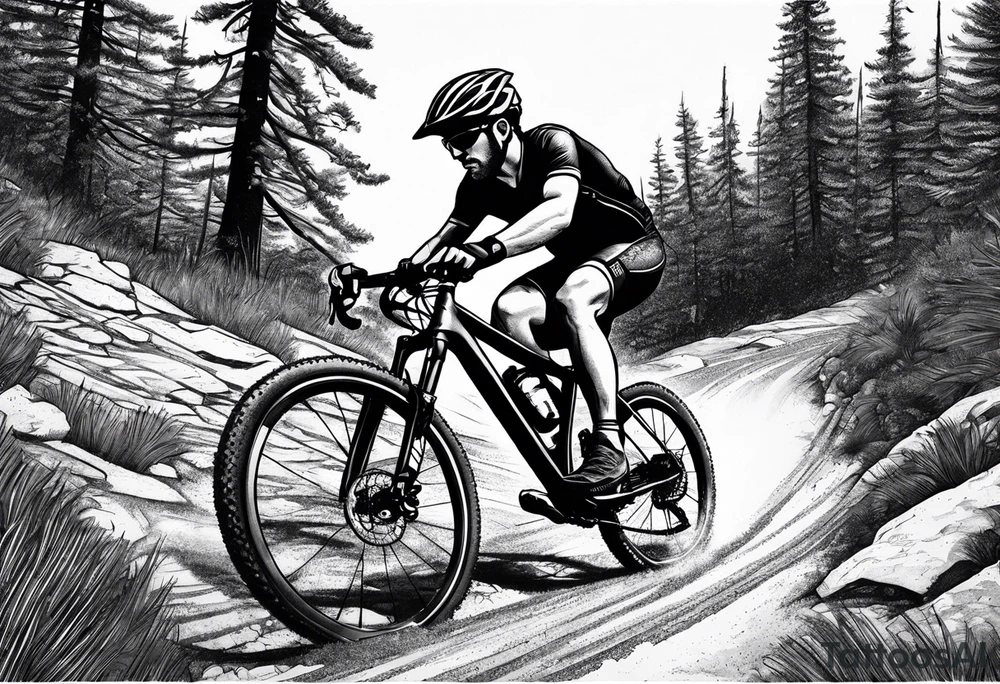 Gravel bike, going down mountain in-between trees tattoo idea