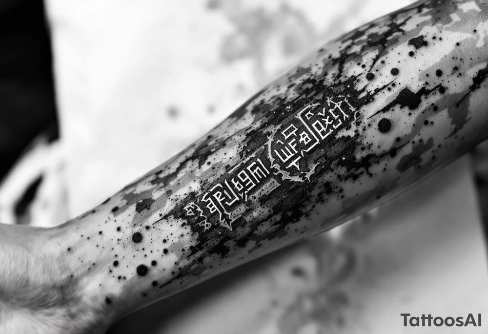 A forearm tattoo featuring a vertical line of deep crimson Slavic runes, each carved with rough stone-like texture and glowing faintly, set against a black and smoky-gray background with subtle ash particles floating around. tattoo idea