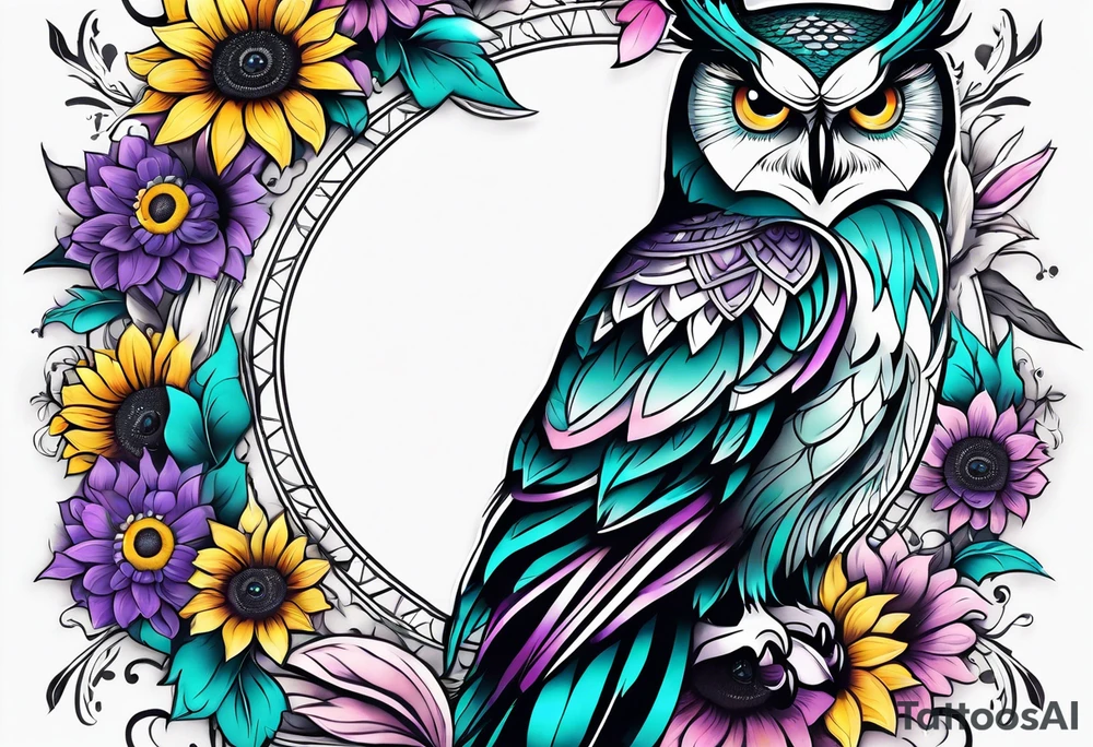 Leg Sleeve with black and white owl that's lightly shaded teal, pink and purple and yellow sunflowers tattoo idea