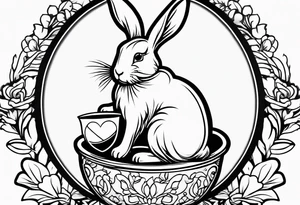 Side view outline of bunny with heart and honey pot tattoo idea