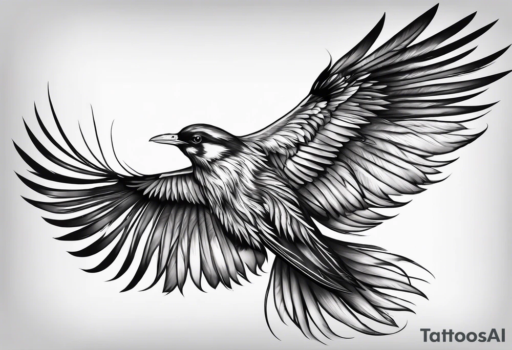 elegant long feathered bird in flight tattoo idea