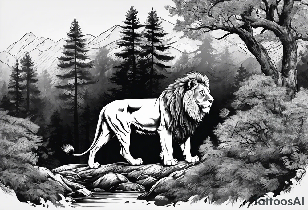 black and gray forearm sleeve tattoo where a lion is entering a forest and turning his head back tattoo idea