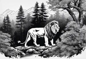 black and gray forearm sleeve tattoo where a lion is entering a forest and turning his head back tattoo idea