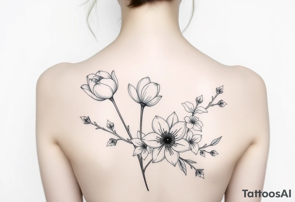 tulips, cherry blossoms and love creepers, floral arm wrap details tattoo idea