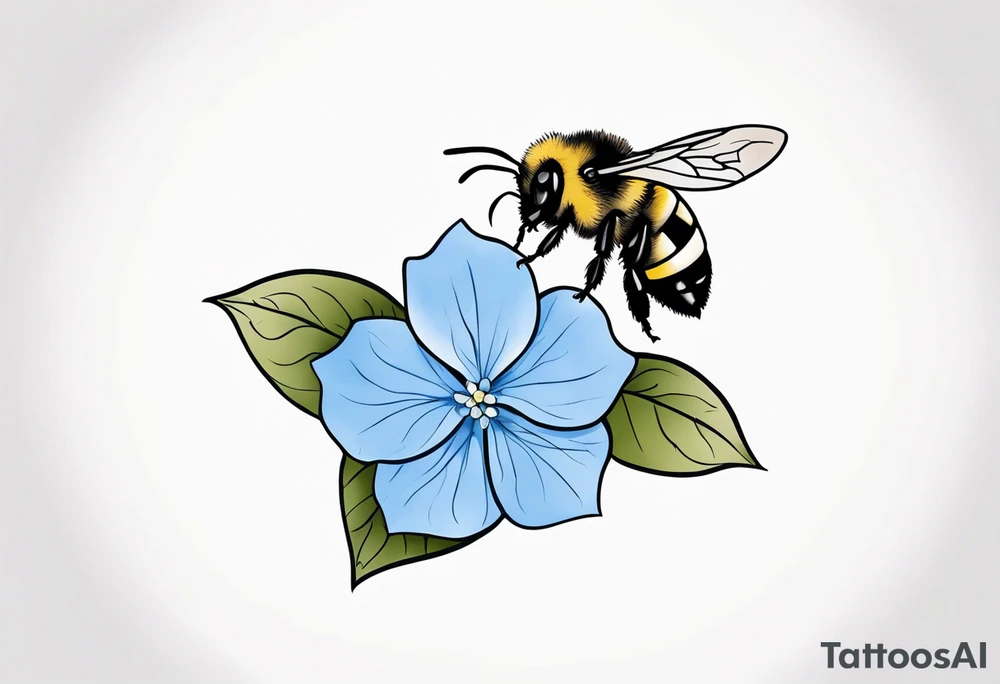Small minimalist tattoo for forearm of a blue Hydrangea and a very small bee. tattoo idea