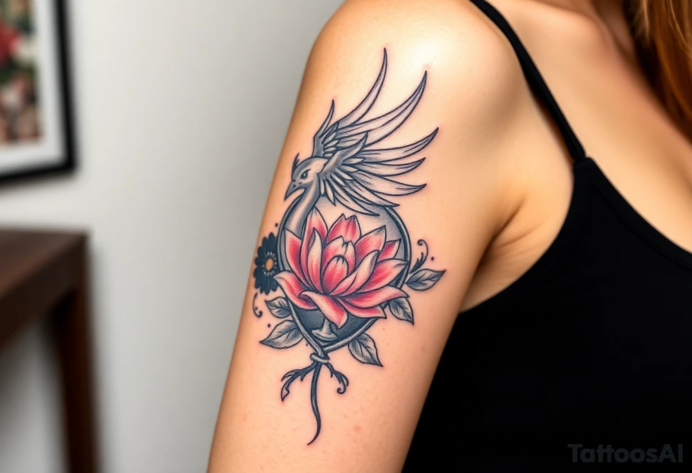 the phoenix and hour glass with lotus flower in kintsugi heart design tattoo idea
