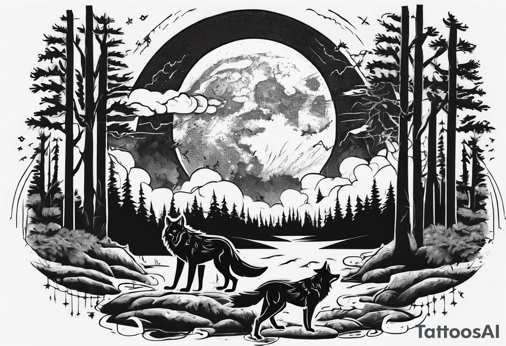 a thunder and lightning storm over a forest with a distant wolf howling and a drum circle tattoo idea a thunder and lightning storm over a forest with a distant wolf howling and a drum circle tattoo idea