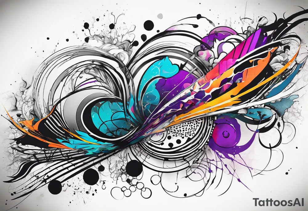 flowing abstract large forearm tattoo with lines, splatters, circles tattoo idea