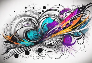 flowing abstract large forearm tattoo with lines, splatters, circles tattoo idea
