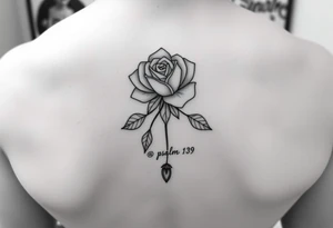 Fine line rose flower intertwined with a daisy with the daisy pedals falling down the middle of the back. Also include the words psalm 139 and even there connected to the flowers by dots tattoo idea